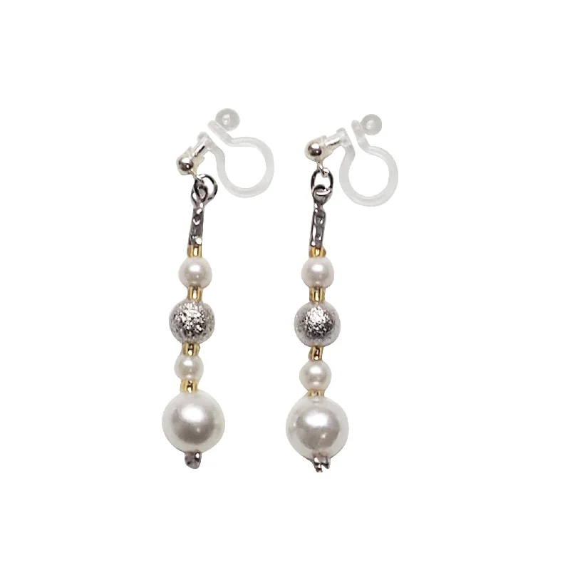 luxury gemstone earrings for women -Dangle white pearls & metallic silver ball invisible clip on earrings