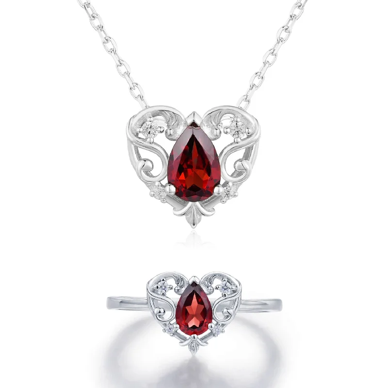 fine jewelry necklaces for women -Rosy Heart Mozambique Garnet Ring and Necklace Set