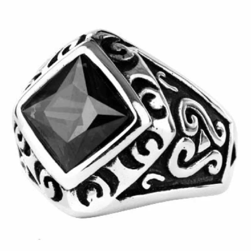 stackable rings for women -Stainless Steel Diamand Shaped Ring with Black CZ