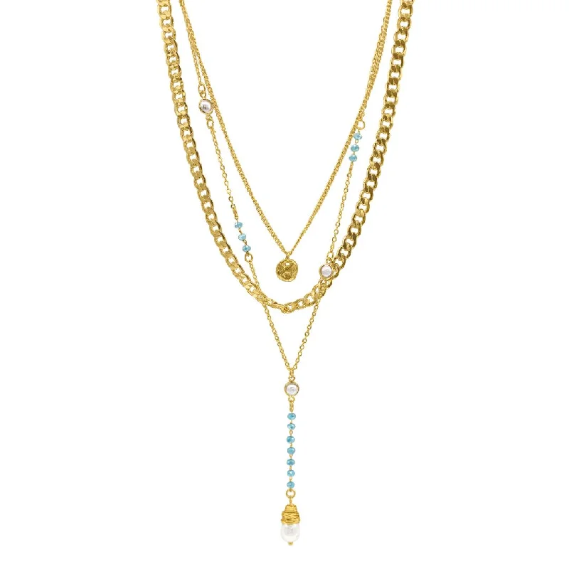 classic gold necklaces for women -14k Gold Plated Freshwater Pearl and Turquoise Beaded Layered Necklace