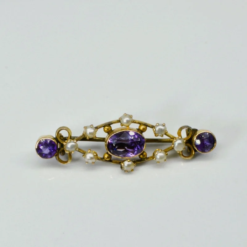 Antique 9k Amethyst & Pearl Vintage Brooch