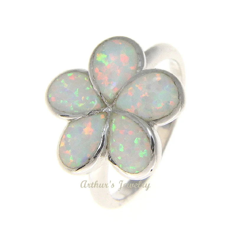 promise rings for women -925 Sterling Silver Rhodium Hawaiian Plumeria Flower White Opal Ring Size 5-10