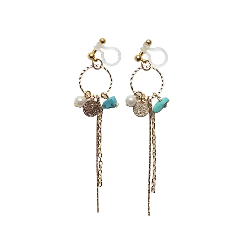 bridal hoop earrings for women -Dangle gold hoop & turquoise invisible clip on earrings