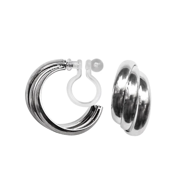 modern hoop earrings for women -Silver Huggie Crossed Invisible Clip On Hoop Earrings