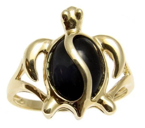 classic diamond rings -GENUINE NATURAL BLACK CORAL RING HAWAIIAN HONU TURTLE SOLID 14K YELLOW GOLD