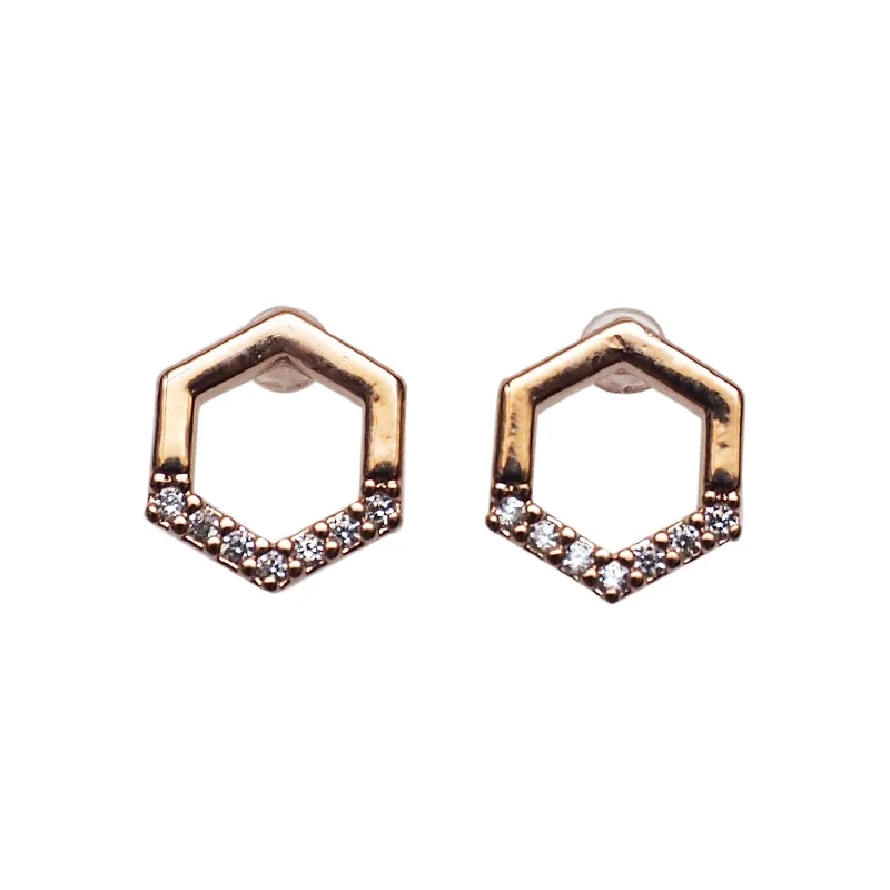 trendy silver earrings for women -Cubic Zirconia Crystal Pave Hexagon Invisible Clip On Stud Earrings ( Rose gold tone )