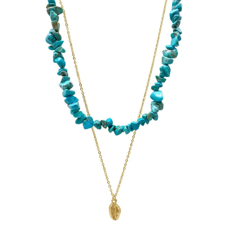 layered gold necklaces for women -14k Gold Plated Multi Shape Turquoise Stone Shell Pendant Layered Necklace