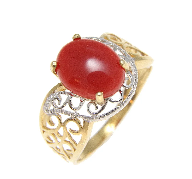 black diamond rings -GENUINE NATURAL OVAL CABOCHON RED CORAL RING SOLID 14K YELLOW GOLD