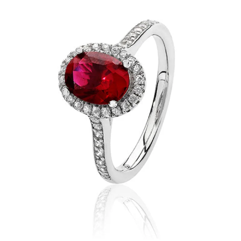 engagement rings for women -Oval Shape Halo Style Ruby Ring - Silver Rhodium