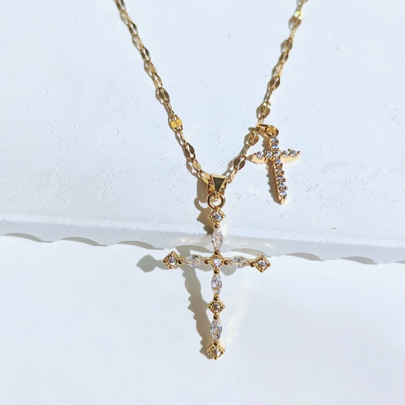 gold necklace sets for women -Double Crystal Cross Necklace