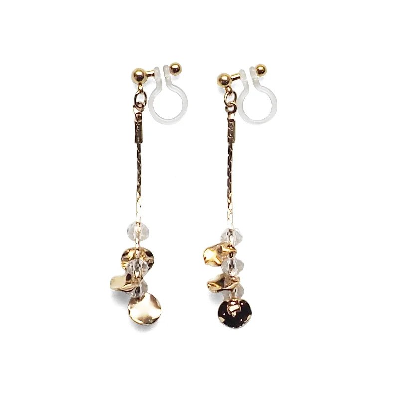 fashion hoop earrings for women -Dangle clear crystal & gold coin invisible clip on earrings