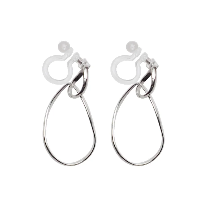 silver stud earrings for women -Dangle Silver Distorted Teardrop Hoop Invisible Clip On Earrings