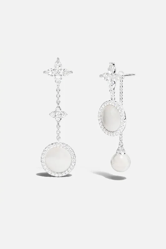 statement drop earrings for women -Asymmetric White Nacre and Pearl Drop Earrings