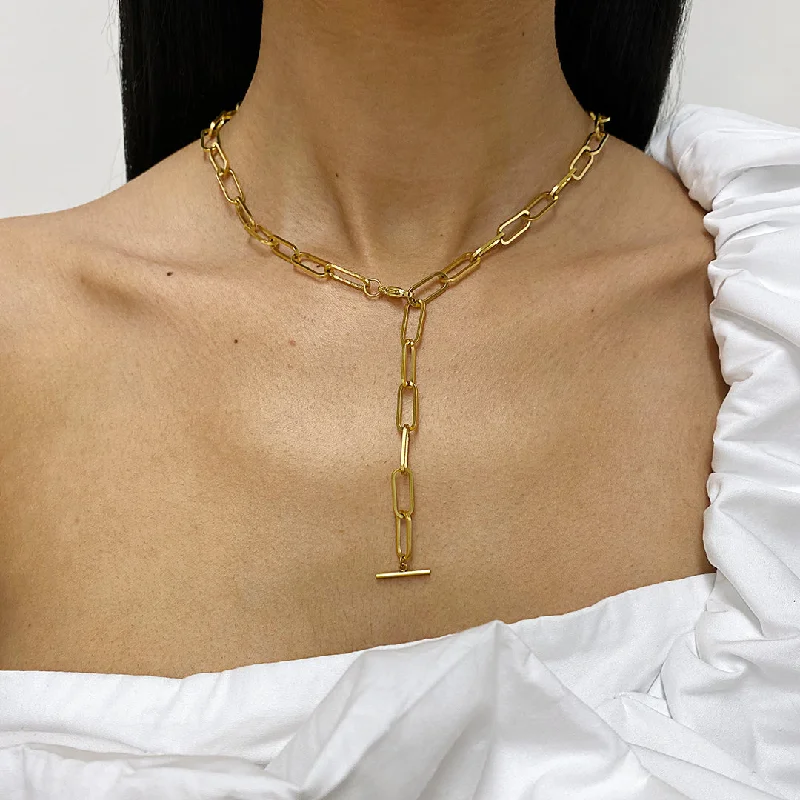 pearl necklaces for women -Tarnish Resistant 14k Gold Plated Paper Clip Chain Y-Necklace with Lobster Lock