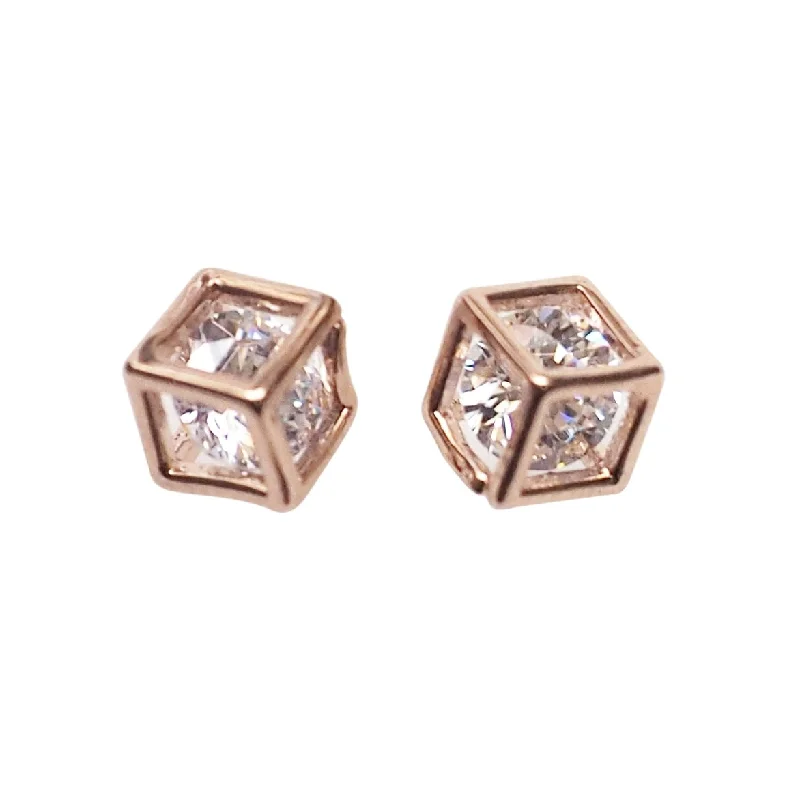 pearl stud earrings for women -Cubic Zirconia Crystal In Cube Invisible Clip On Stud Earrings ( Rose gold tone )