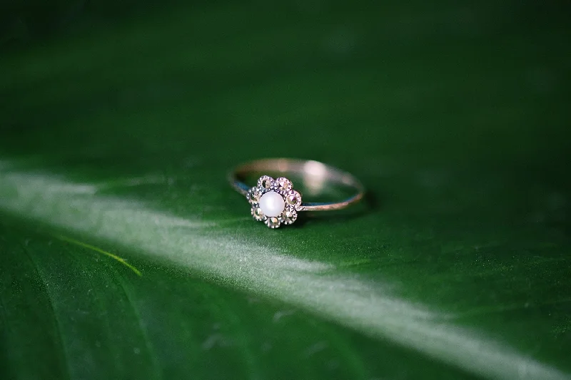 luxury rings for brides -Dainty Flower Pearl Ring