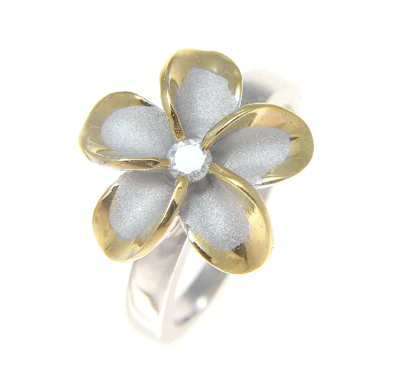 vintage diamond rings -STERLING SILVER 925 HAWAIIAN PLUMERIA FLOWER RING 15MM CZ RHODIUM YELLOW GOLD 2T