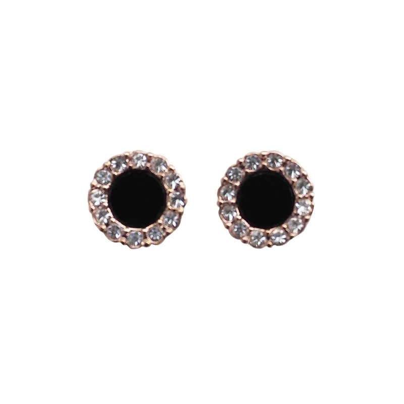 gold hoop earrings for women -Rose Gold Round Swarovski Crystal Rhinestone Pave Invisible Clip On Stud Earrings ( Black )