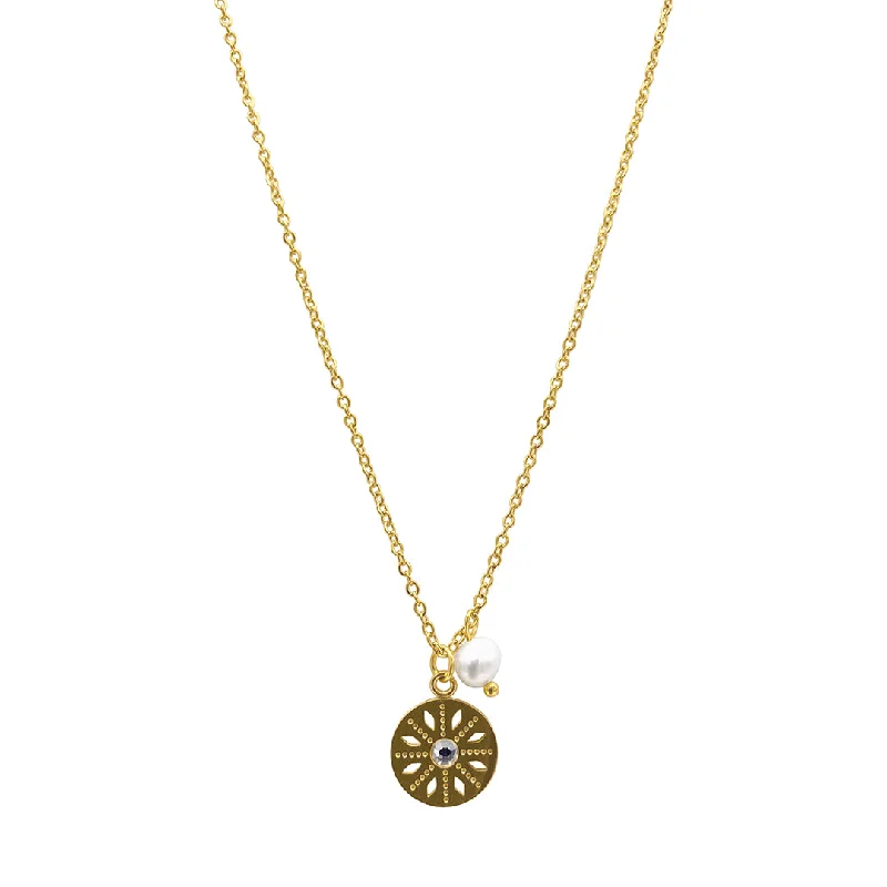 geometric necklaces for women -Tarnish Resistant 14k Gold Plated Flower Dial Pendant with Pearl Necklace