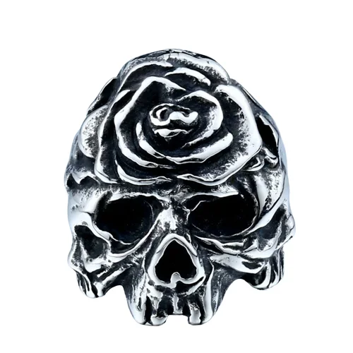 birthstone rings for women -Stainless Steel Skull Rose Ring