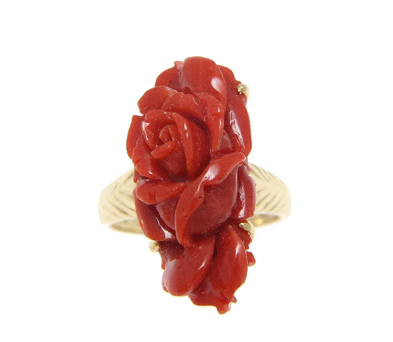 diamond rings for brides -GENUINE NATURAL RED CORAL CARVED FLOWER RING SET IN SOLID 14K YELLOW GOLD