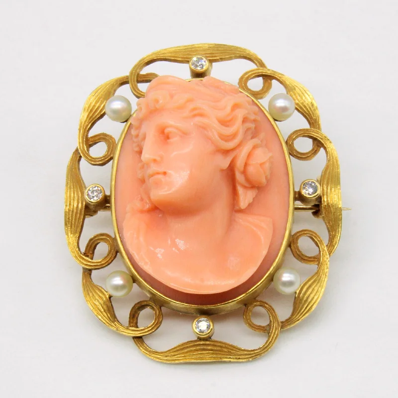 Coral Cameo with Pearls & Diamonds Brooch/Pendant | 30.00ct, 0.09ctw |