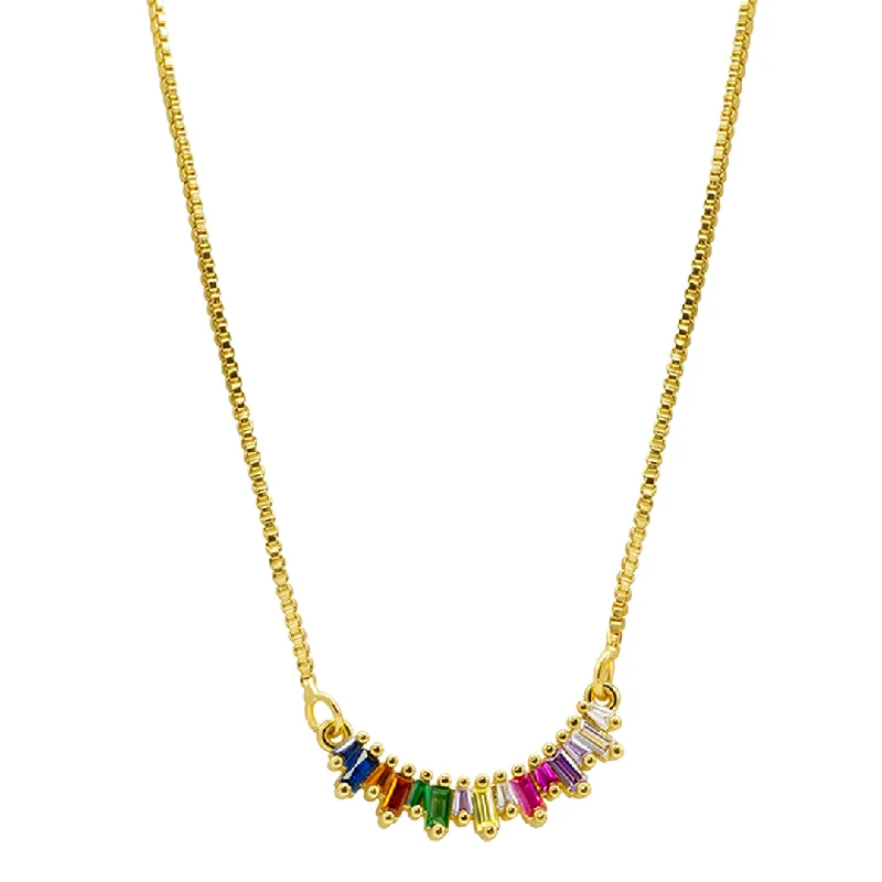 geometric necklaces for women -14k Gold Plated Crystal Rainbow Curved Bar Necklace