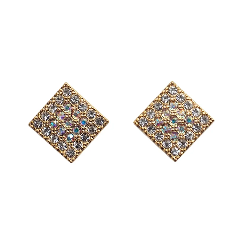 classic pearl earrings for women -Square Swarovski Crystal Rhinestone Pave Invisible Clip On Stud Earrings ( Gold tone )