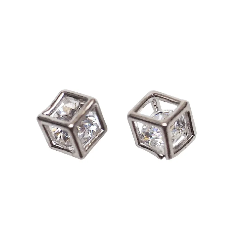 artistic earrings for women -Cubic Zirconia Crystal In Cube Invisible Clip On Stud Earrings ( Silver tone )