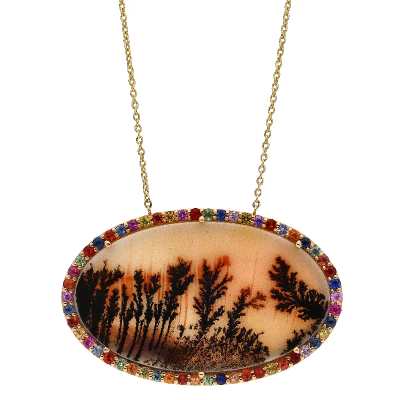 modern necklaces for women -14K Yellow Gold Custom Design One-Of-A-Kind Picture Agate w/Multi-Colored Sapphire Accent 18" Necklace