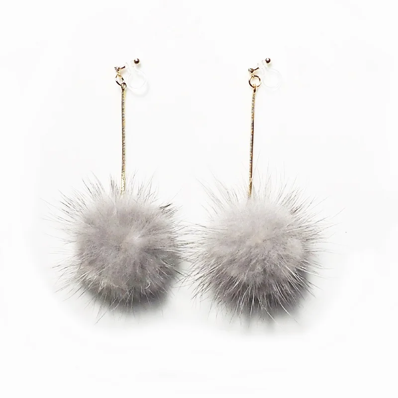 bold earrings for women -Gray Mink Fur Pom Pom Invisible Clip On Earrings