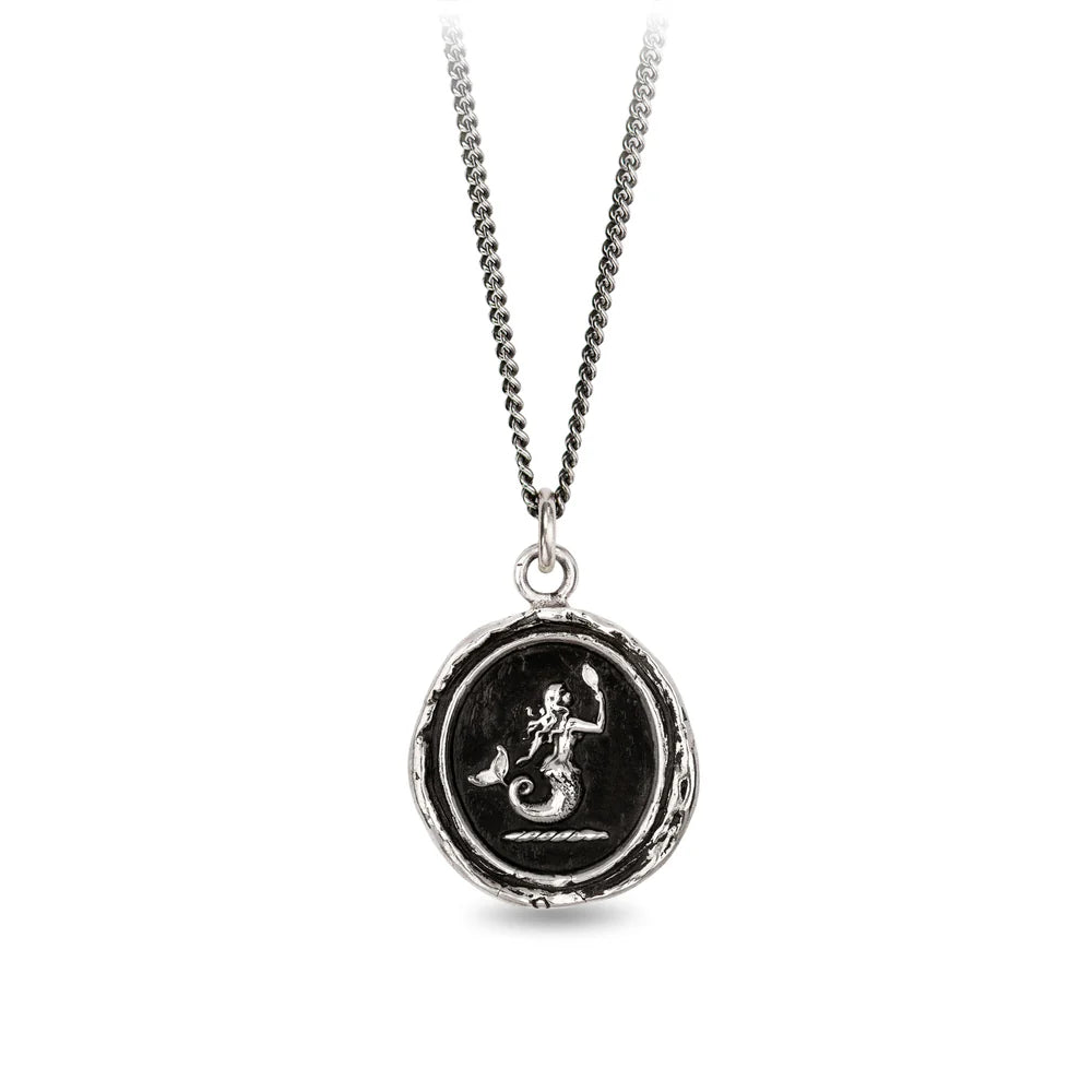 custom engraved necklaces for women -Pyrrha Sterling Silver "Mermaid" Talisman Pendant on 18" Oxidized Fine Curb Chain Necklace