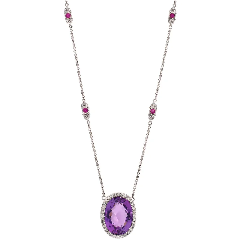 silver necklaces for women -14K White Gold Amethyst, Ruby, and Diamond Necklace