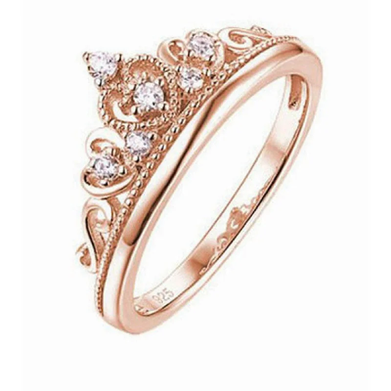 classic diamond rings -Tiara/Princess Ring - Silver Rose Gold Plated