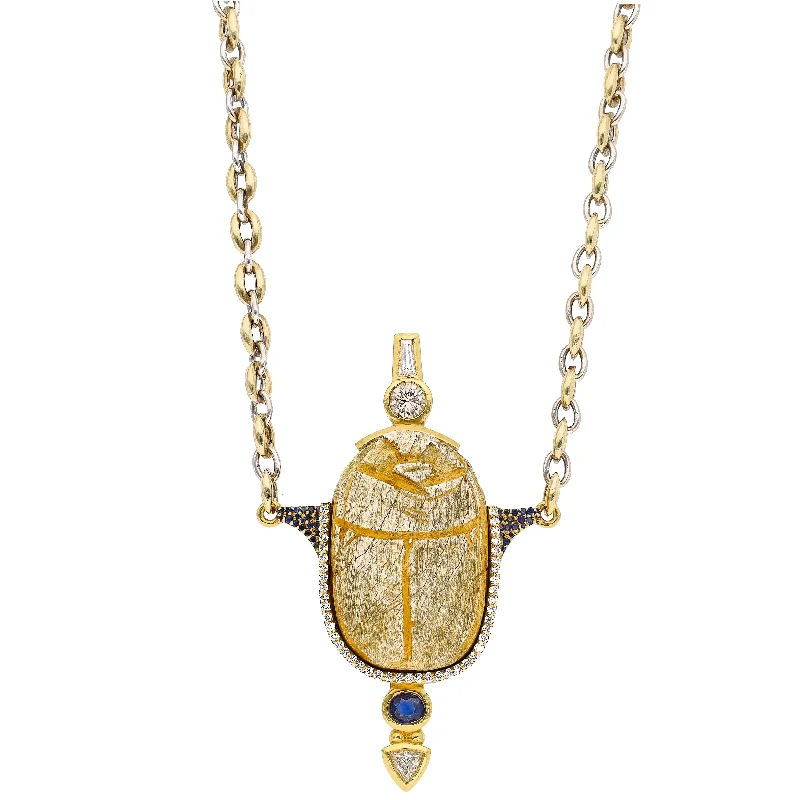 trendy necklaces for women -18K Yellow Gold Necklace: 3000 Yr. Old Scarab set in 22K Yellow Gold Frame w/Diamonds and Sapphire Accents