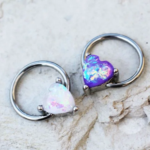 silver statement rings -Synthetic Opal Heart Snap-in Captive Bead Ring / Septum Ring