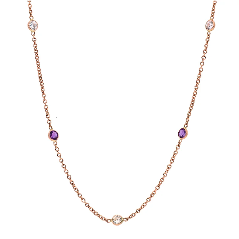 vintage crystal necklaces for women -14K Rose Gold Amethyst and Diamond Station Necklace