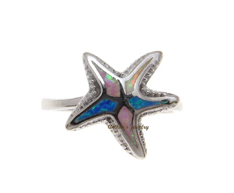 custom rings for women -BLUE WHITE PINK TRICOLOR INLAY OPAL RING HAWAIIAN STARFISH 925 STERLING SILVER