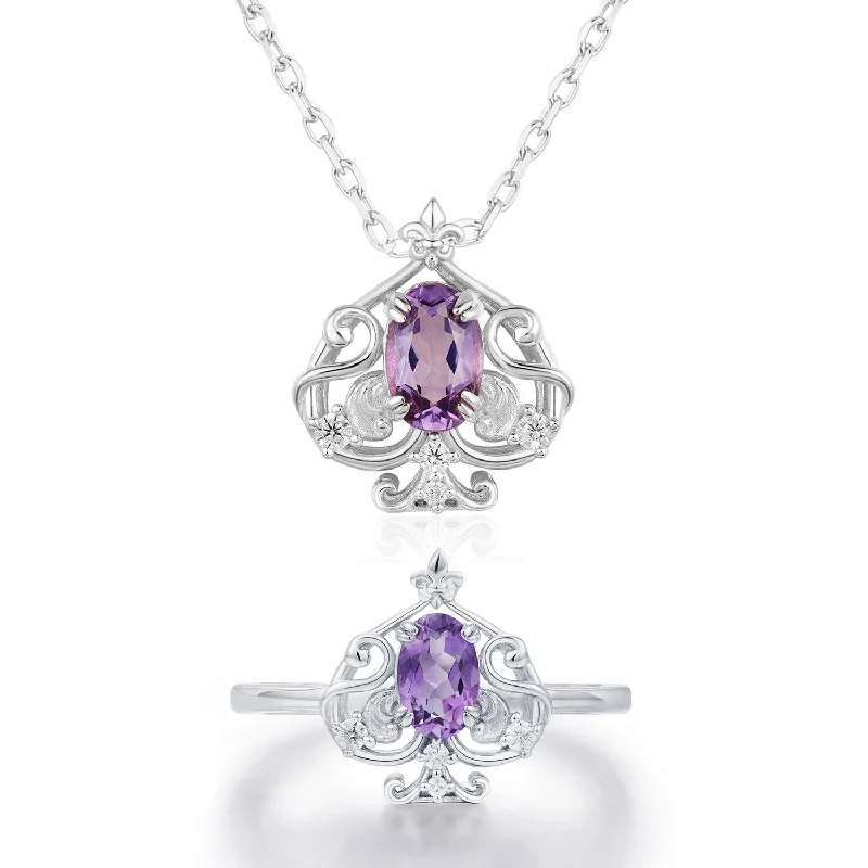 fancy gold necklaces for women -Leafy Spade Amethyst Ring and Necklace Set