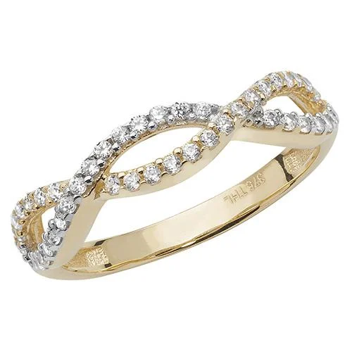 thin wedding bands for women -Plaited Cubic Zirconia Ring -  9CT YELLOW GOLD