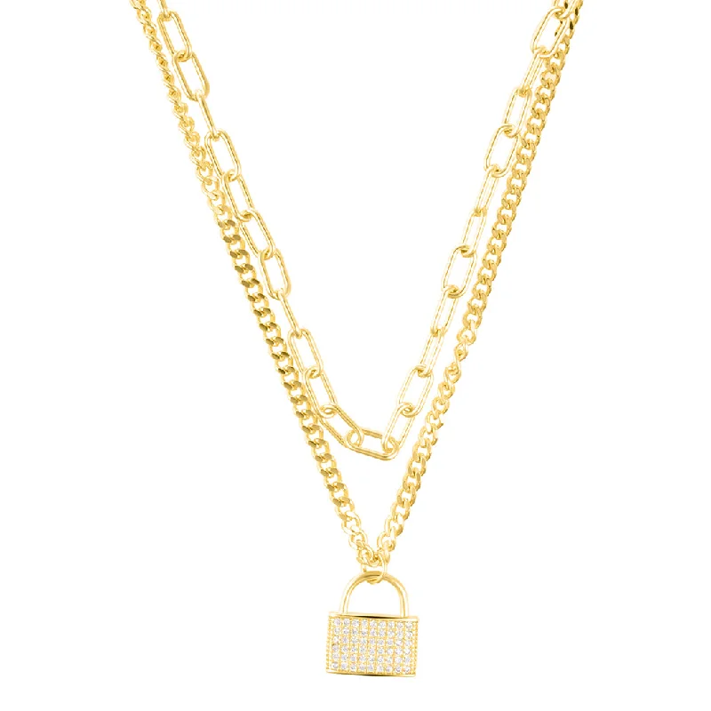 gold bar necklaces for women -Adjustable Layered Chain Crystal Lock Necklace