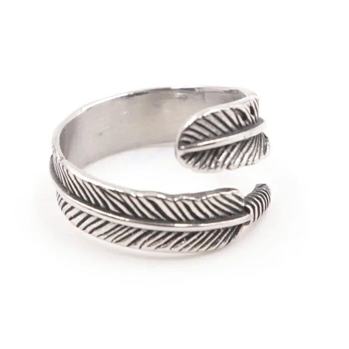 simple gold rings for women -Stainless Steel Detailed Feather Ring