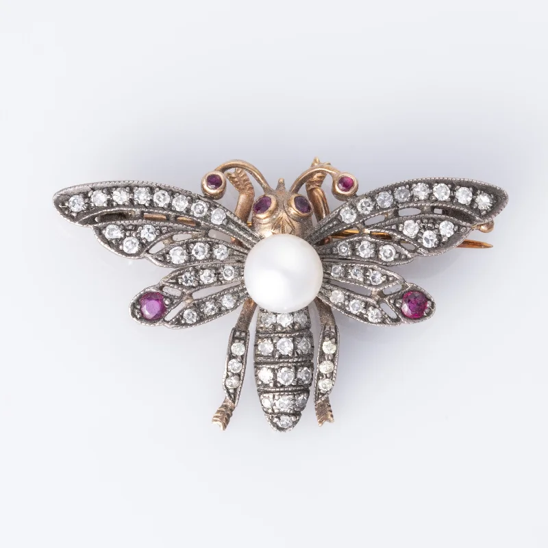 14K Rose Gold with Silver Butterfly Pearl Ruby Diamond Brooch | 6.60mm, 0.22ctw, 0.75ctw