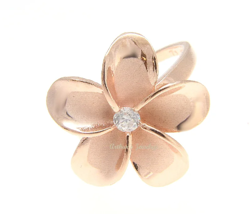 sapphire wedding rings -PINK ROSE GOLD STERLING SILVER 925 HAWAIIAN PLUMERIA FLOWER RING 21MM CZ