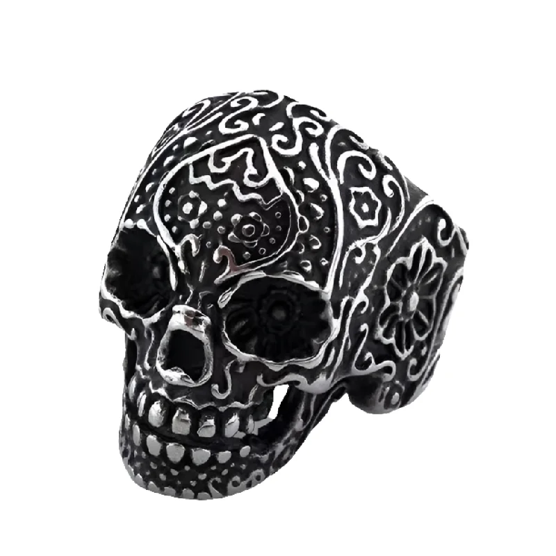 custom gold rings -Stainless Steel Carved Sugar Skull Ring