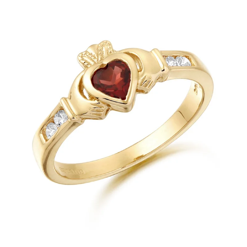 silver statement rings -January Birthstone Claddagh Ring - 9ct Yellow Gold