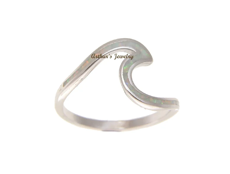 birthstone rings for women -925 Sterling Silver Hawaiian Ocean Wave Shape White Opal Ring Size 5-10