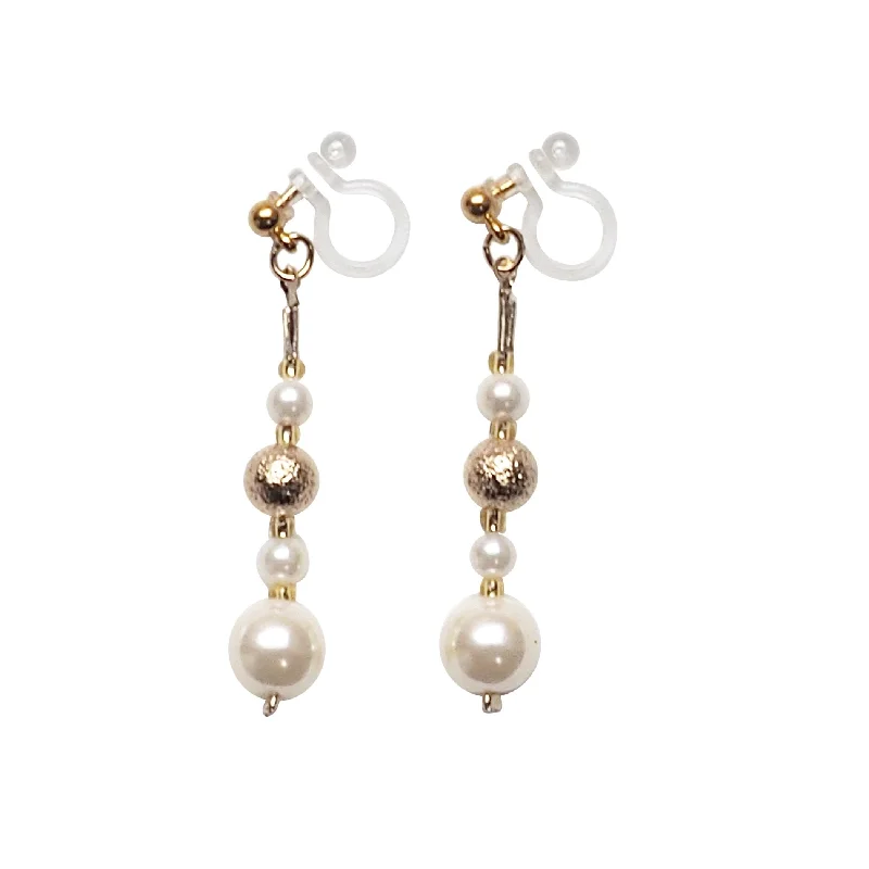 stylish pearl earrings for women -Dangle white pearls & metallic gold ball invisible clip on earrings