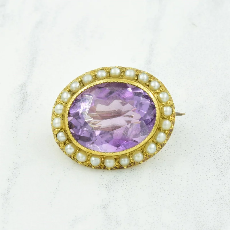 Amethyst & Pearl 15k Brooch | 7.80ct, 0.50ctw |