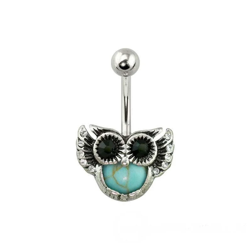 unique engagement rings -Antique Silver Turquoise Gem Owl 316L Surgical Steel Navel Ring